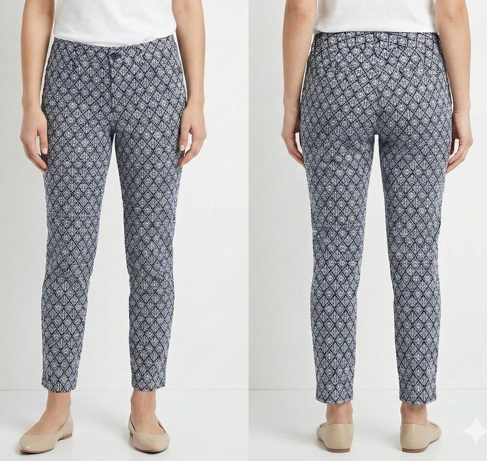 St. John's Bay Womens Straight Leg Ankle Pant Blue White Print Size 12